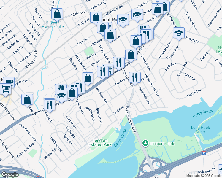 map of restaurants, bars, coffee shops, grocery stores, and more near 424 Prospect Avenue in Prospect Park
