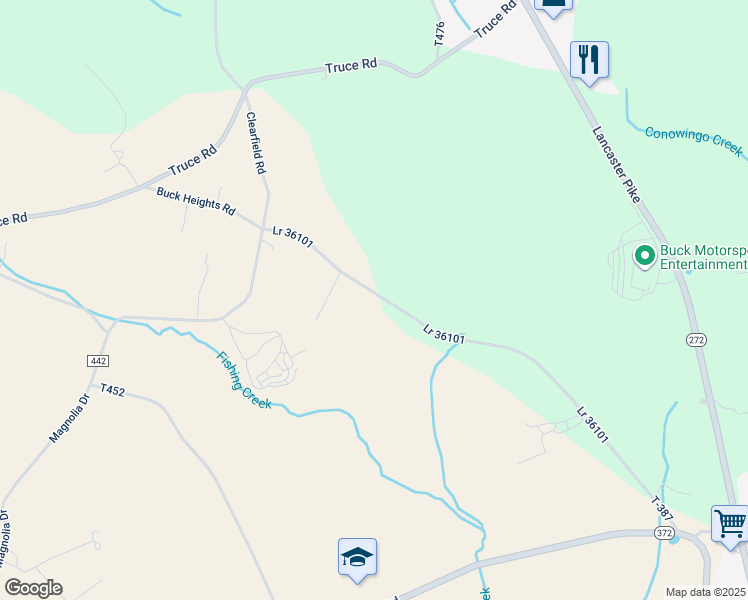 map of restaurants, bars, coffee shops, grocery stores, and more near 130 Buck Heights Road in Quarryville