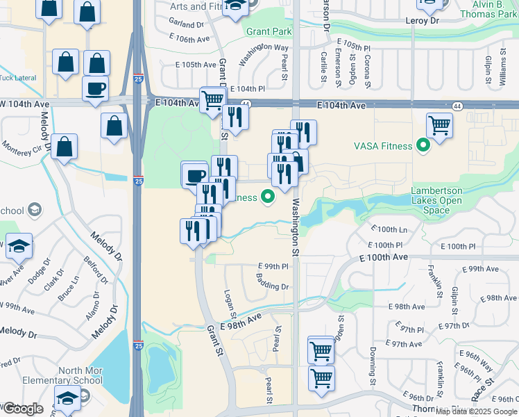 map of restaurants, bars, coffee shops, grocery stores, and more near 550 East 102nd Avenue in Thornton