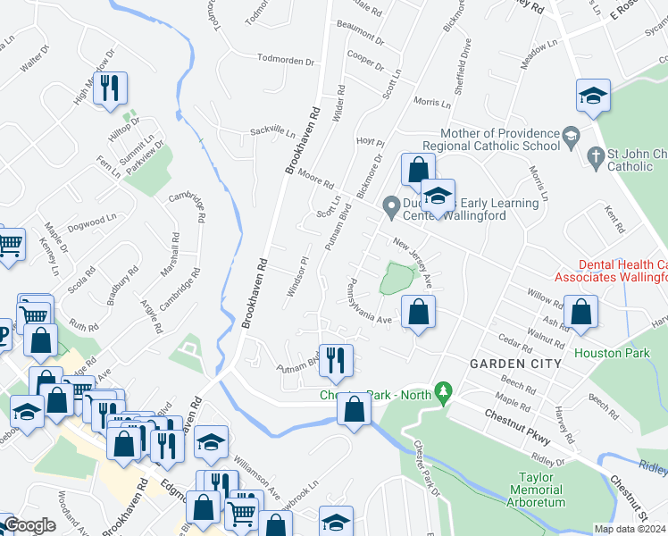 map of restaurants, bars, coffee shops, grocery stores, and more near 804A Putnam Boulevard in Nether Providence Township