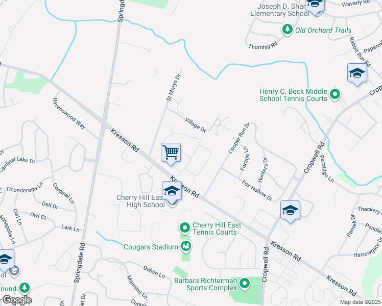 map of restaurants, bars, coffee shops, grocery stores, and more near 12 Oakley Drive in Cherry Hill