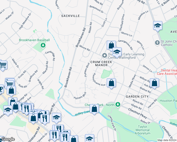 map of restaurants, bars, coffee shops, grocery stores, and more near 830 Putnam Boulevard in Nether Providence Township