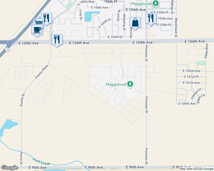 map of restaurants, bars, coffee shops, grocery stores, and more near 10204 Wheeling Street in Commerce City