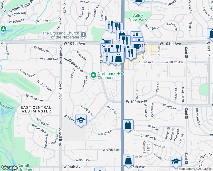 map of restaurants, bars, coffee shops, grocery stores, and more near 10117 North Grove Loop in Westminster