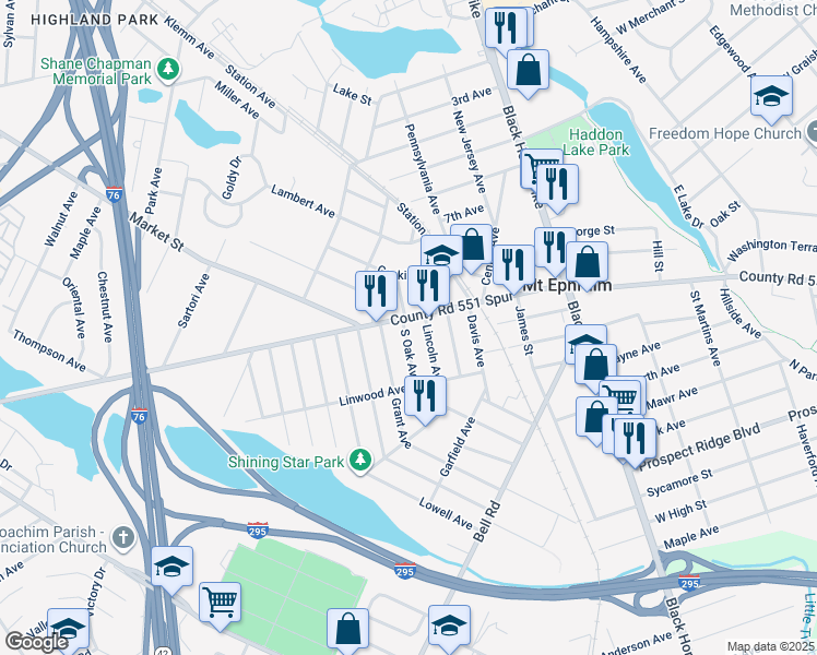 map of restaurants, bars, coffee shops, grocery stores, and more near 511 County Road 551 Spur in Mount Ephraim