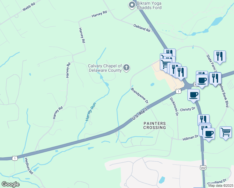 map of restaurants, bars, coffee shops, grocery stores, and more near 115 Harvey Lane in Chadds Ford