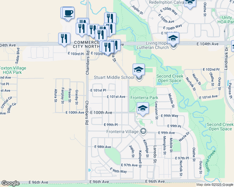 map of restaurants, bars, coffee shops, grocery stores, and more near 10128 Idalia Street in Commerce City