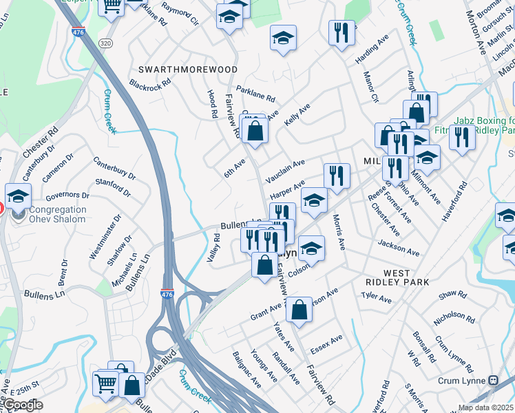 map of restaurants, bars, coffee shops, grocery stores, and more near 419 Fairview Road in Woodlyn