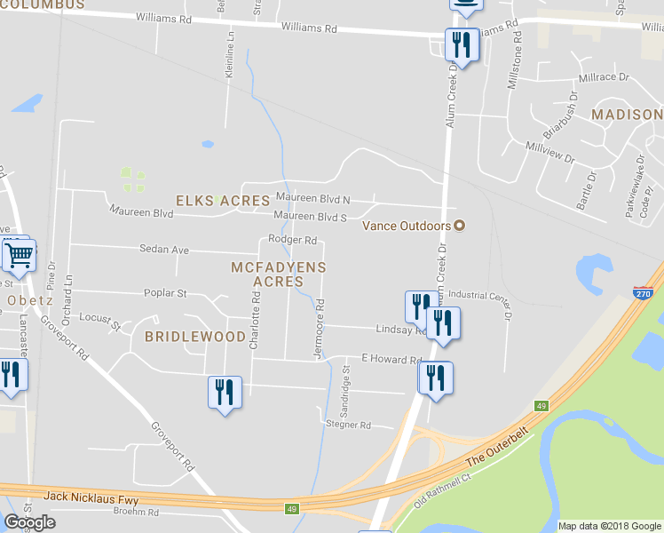 map of restaurants, bars, coffee shops, grocery stores, and more near 4308 Jermoore Road in Obetz