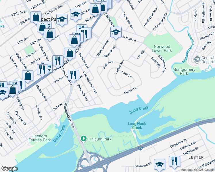 map of restaurants, bars, coffee shops, grocery stores, and more near 216 Martin Lane in Norwood