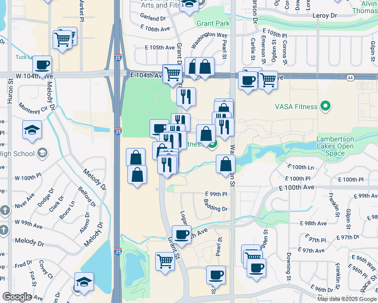 map of restaurants, bars, coffee shops, grocery stores, and more near 10160 Grant Street in Thornton