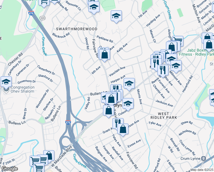 map of restaurants, bars, coffee shops, grocery stores, and more near 419 Fairview Road in Woodlyn