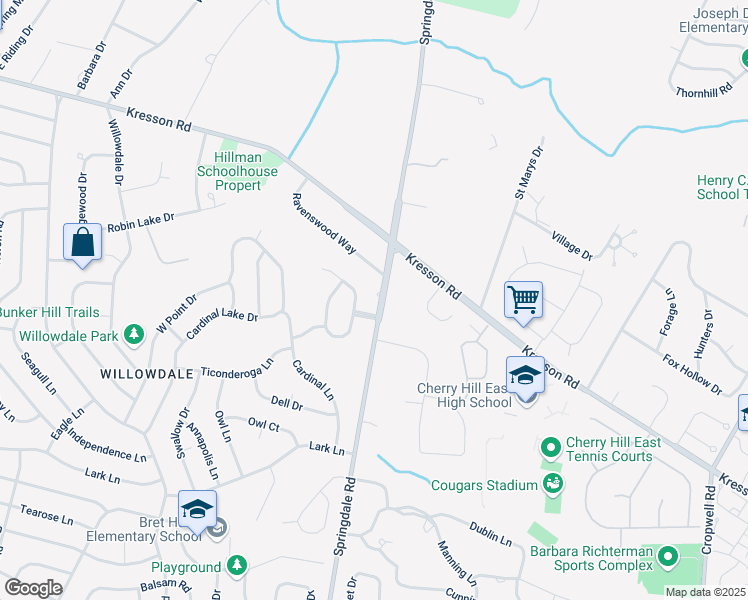 map of restaurants, bars, coffee shops, grocery stores, and more near 1102 Springdale Road in Cherry Hill