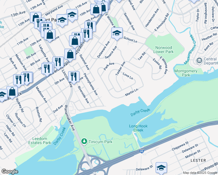 map of restaurants, bars, coffee shops, grocery stores, and more near 216 Martin Lane in Norwood