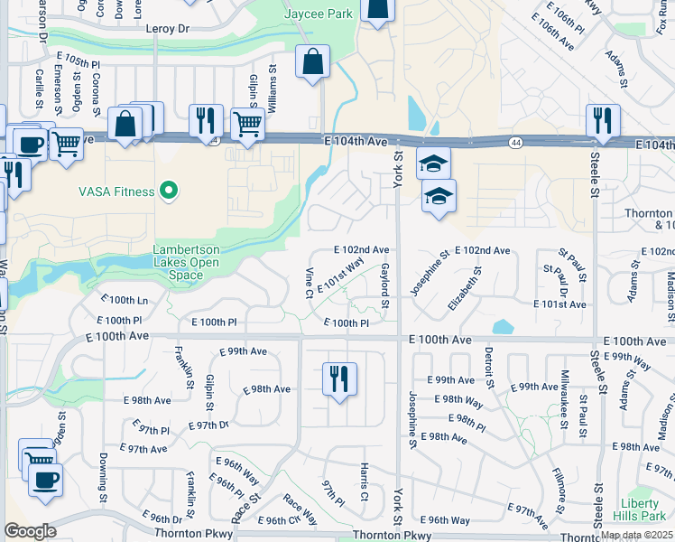 map of restaurants, bars, coffee shops, grocery stores, and more near 2079 East 101st Way in Thornton