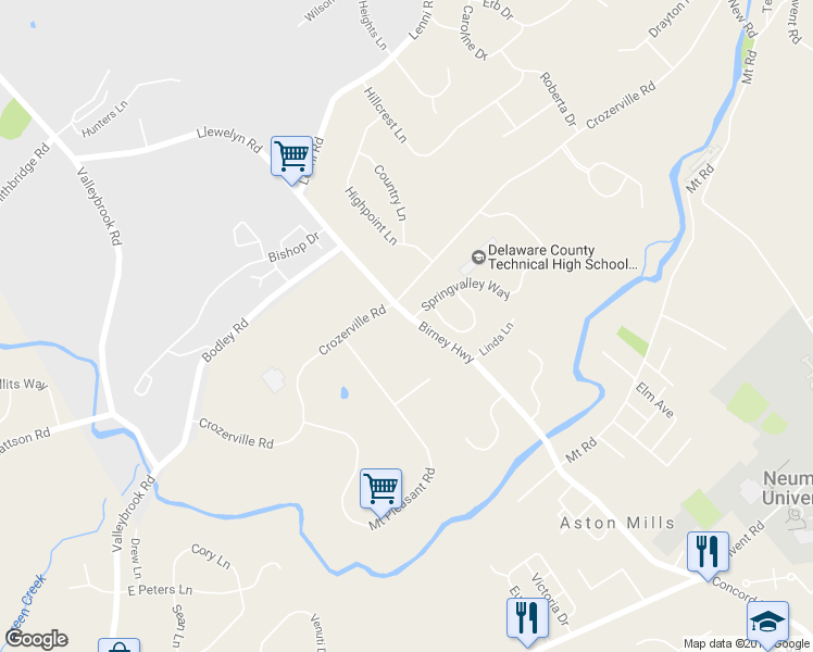 map of restaurants, bars, coffee shops, grocery stores, and more near 798 Birney Highway in Aston
