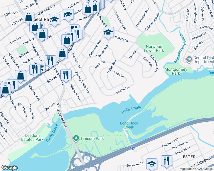map of restaurants, bars, coffee shops, grocery stores, and more near 204 Love Lane in Norwood