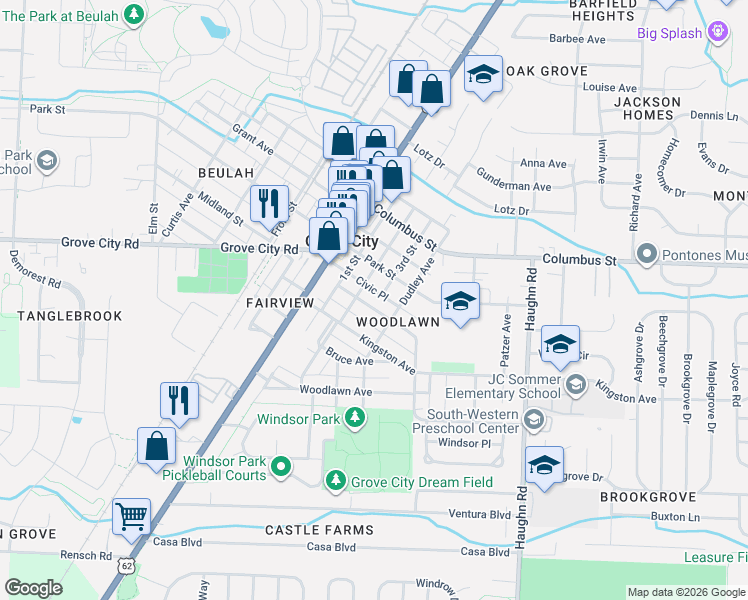 map of restaurants, bars, coffee shops, grocery stores, and more near 4108 Arbutus Avenue in Grove City