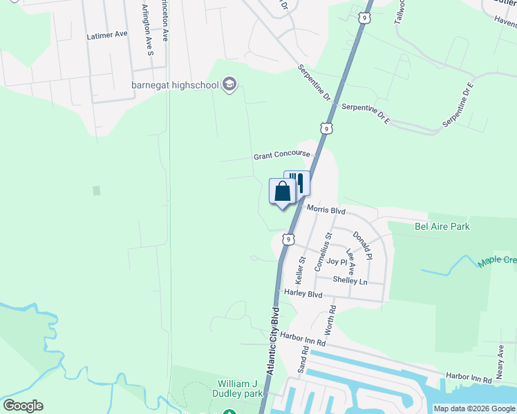 map of restaurants, bars, coffee shops, grocery stores, and more near 950 Atlantic City Boulevard in Berkeley Township