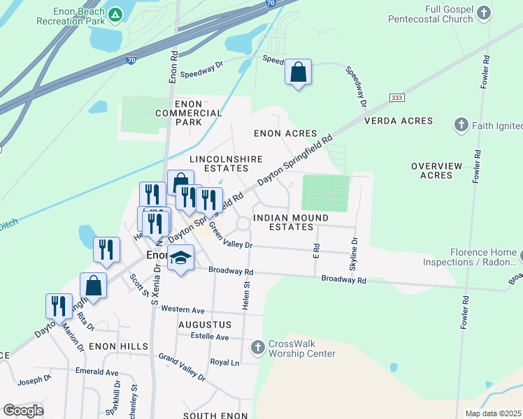 map of restaurants, bars, coffee shops, grocery stores, and more near 455 East Main Street in Enon
