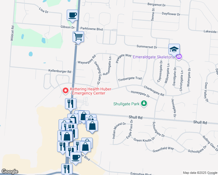 map of restaurants, bars, coffee shops, grocery stores, and more near 5847 Charlesgate Road in Dayton