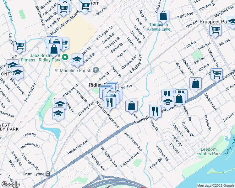 map of restaurants, bars, coffee shops, grocery stores, and more near 200 East Hinckley Avenue in Ridley Park