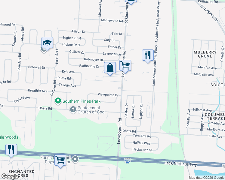 map of restaurants, bars, coffee shops, grocery stores, and more near 4449 Lockbourne Road in Columbus