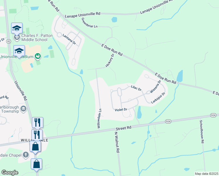 map of restaurants, bars, coffee shops, grocery stores, and more near 145 Violet Drive in Kennett Square