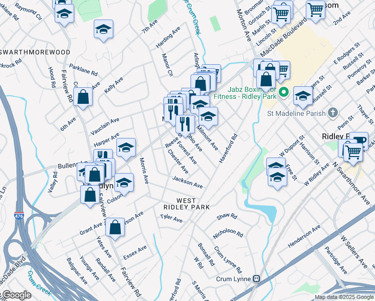 map of restaurants, bars, coffee shops, grocery stores, and more near 719 Belmont Avenue in Folsom