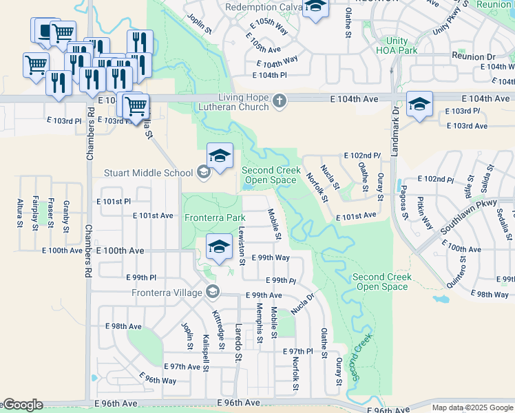 map of restaurants, bars, coffee shops, grocery stores, and more near 16256 East 101st Way in Commerce City
