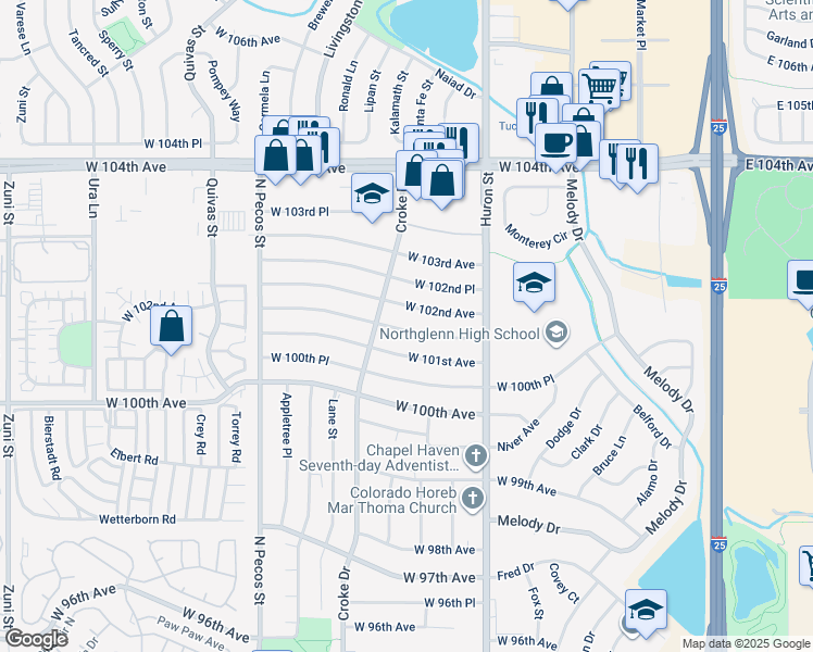 map of restaurants, bars, coffee shops, grocery stores, and more near 1085 West 101st Place in Northglenn