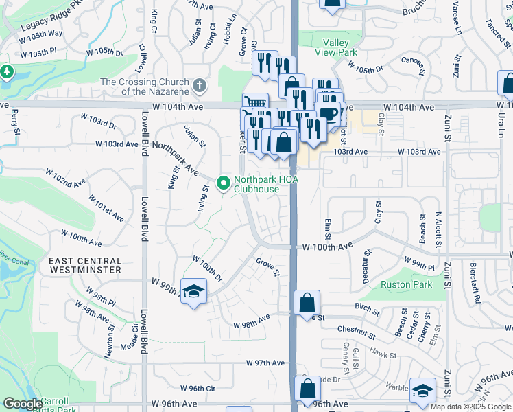 map of restaurants, bars, coffee shops, grocery stores, and more near 10117 North Grove Loop in Westminster