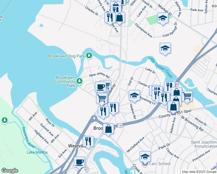map of restaurants, bars, coffee shops, grocery stores, and more near 207 Chestnut Street in Brooklawn