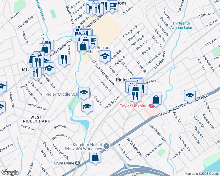 map of restaurants, bars, coffee shops, grocery stores, and more near 407 Harrison Street in Ridley Park