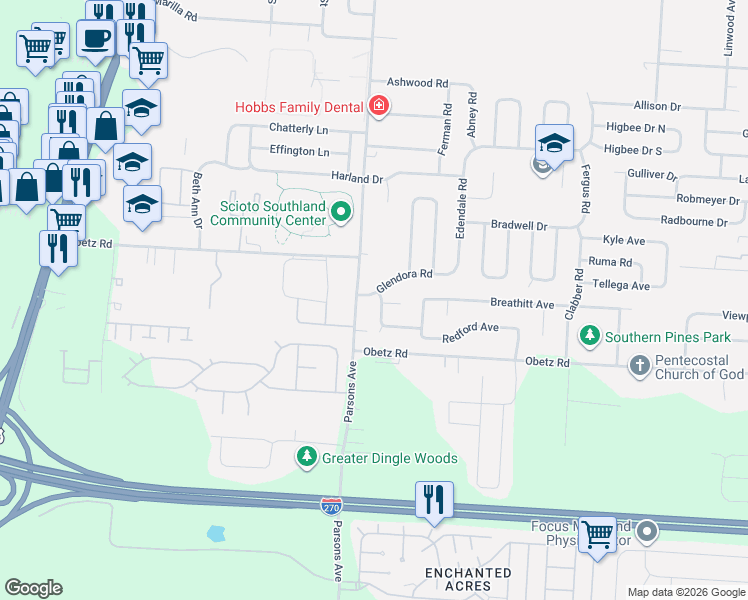 map of restaurants, bars, coffee shops, grocery stores, and more near 542 Glendora Road in Columbus