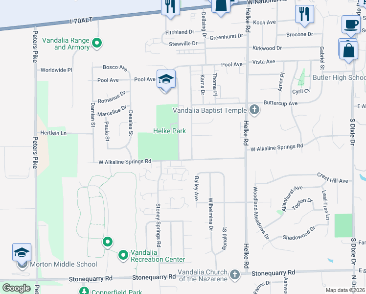 map of restaurants, bars, coffee shops, grocery stores, and more near 926 Randler Avenue in Vandalia
