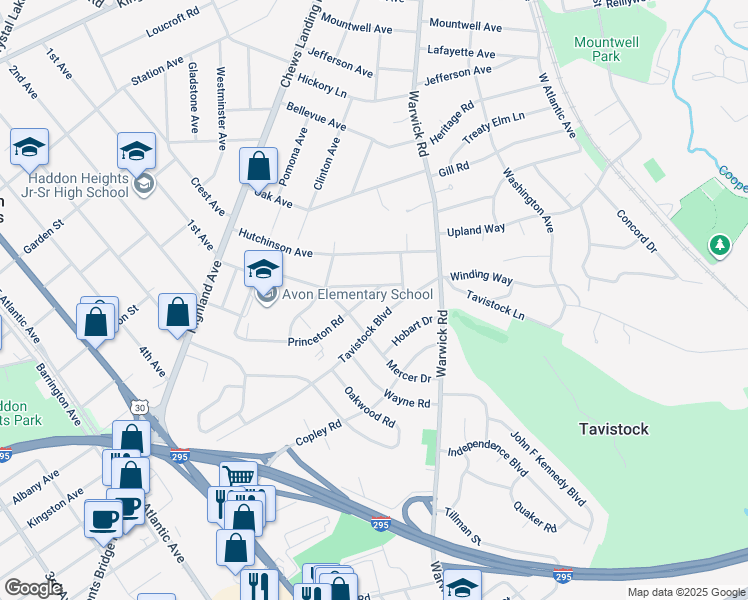 map of restaurants, bars, coffee shops, grocery stores, and more near 418 Princeton Road in Haddonfield