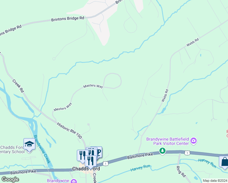 map of restaurants, bars, coffee shops, grocery stores, and more near 1806 Masters Way in Chadds Ford