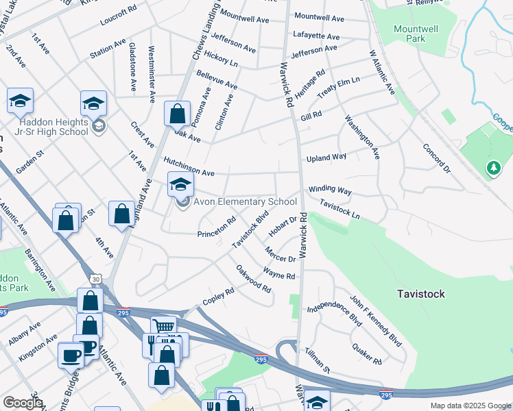 map of restaurants, bars, coffee shops, grocery stores, and more near 418 Princeton Road in Haddonfield