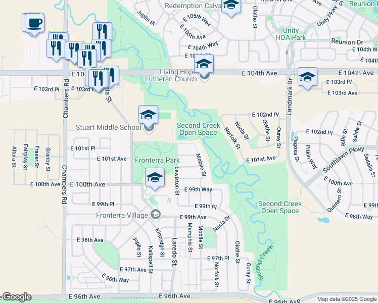 map of restaurants, bars, coffee shops, grocery stores, and more near 16256 East 101st Way in Commerce City