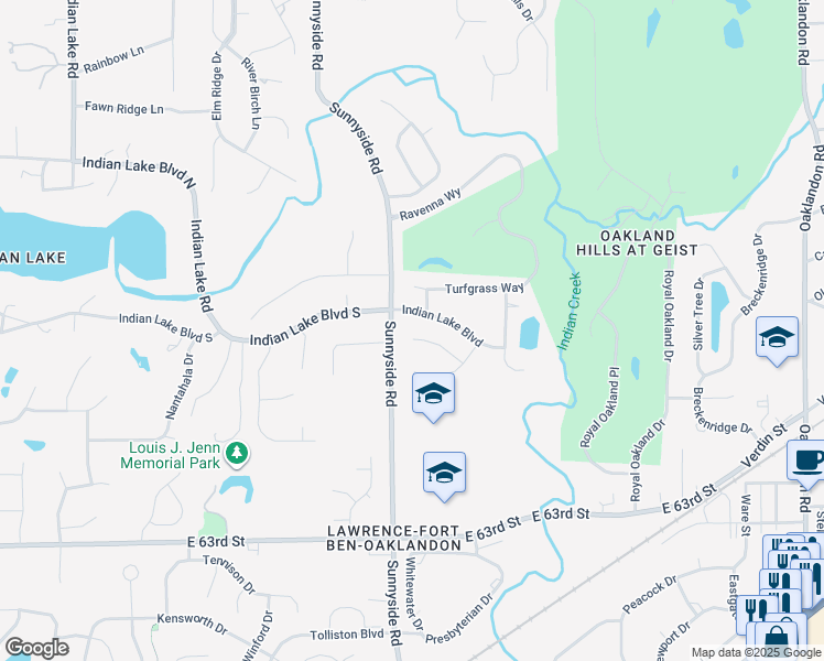 map of restaurants, bars, coffee shops, grocery stores, and more near 11016 Palatka Court in Indianapolis