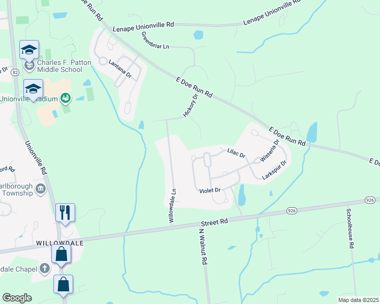 map of restaurants, bars, coffee shops, grocery stores, and more near 145 Violet Drive in Kennett Square