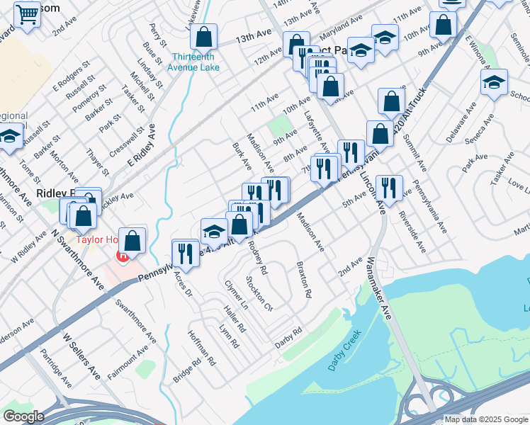 map of restaurants, bars, coffee shops, grocery stores, and more near 525 East Chester Pike in Ridley Park