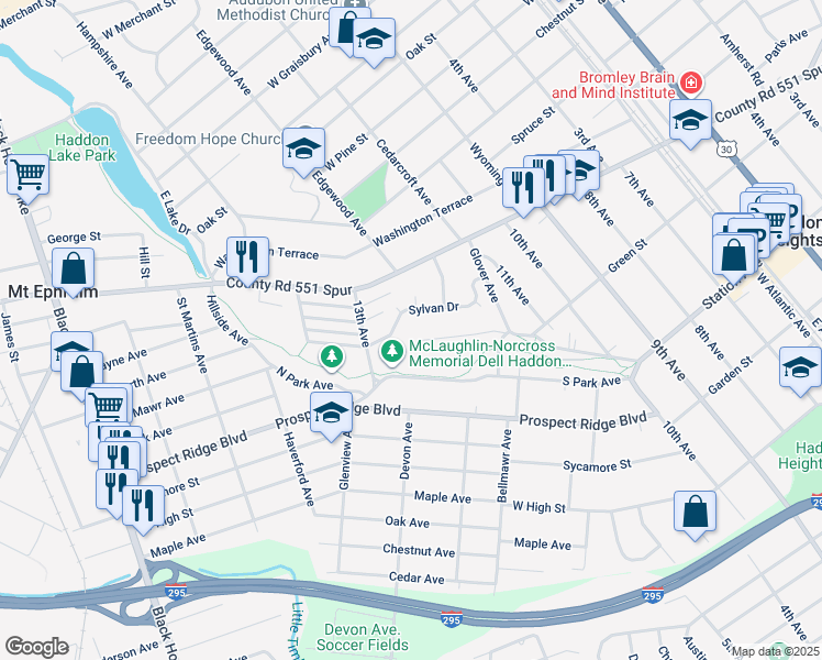 map of restaurants, bars, coffee shops, grocery stores, and more near 1165 Fulling Mill Lane in Haddon Heights