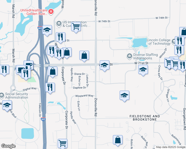 map of restaurants, bars, coffee shops, grocery stores, and more near 6938 Zionsville Road in Indianapolis