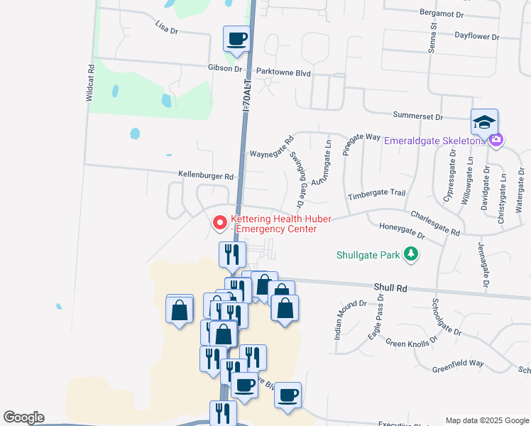 map of restaurants, bars, coffee shops, grocery stores, and more near 8821 Foxgate Court in Huber Heights