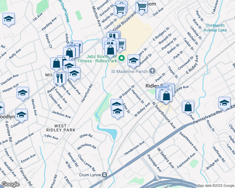 map of restaurants, bars, coffee shops, grocery stores, and more near 210 Water Street in Ridley Park