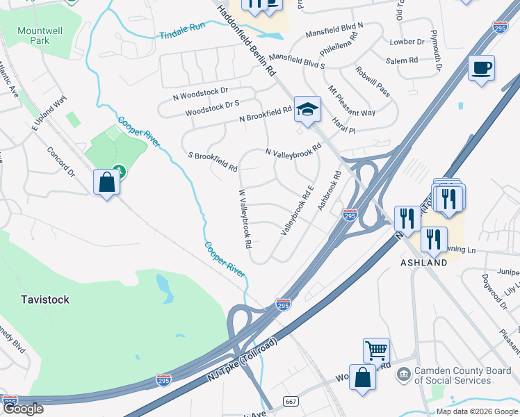 map of restaurants, bars, coffee shops, grocery stores, and more near 131 Oakdale Road in Cherry Hill