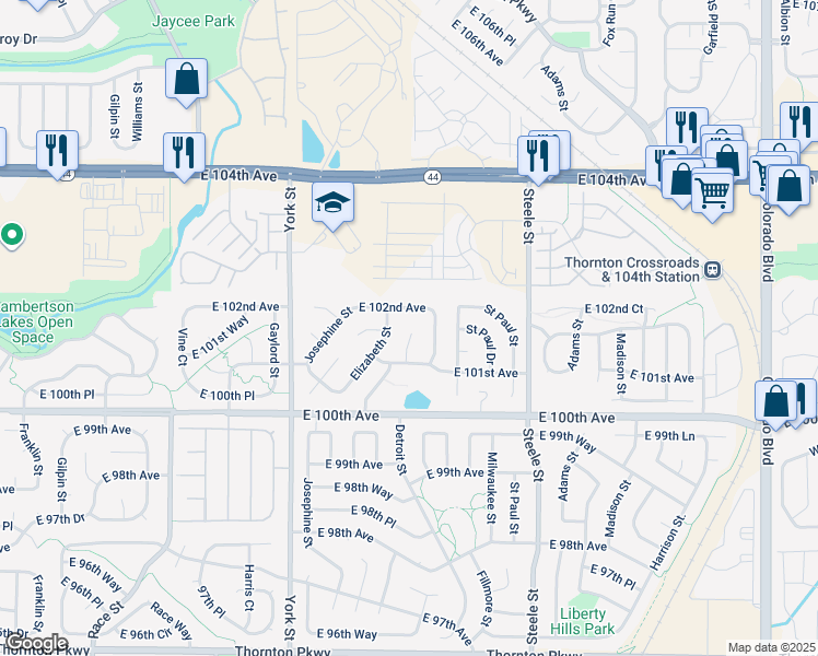 map of restaurants, bars, coffee shops, grocery stores, and more near 10188 Elizabeth Street in Thornton