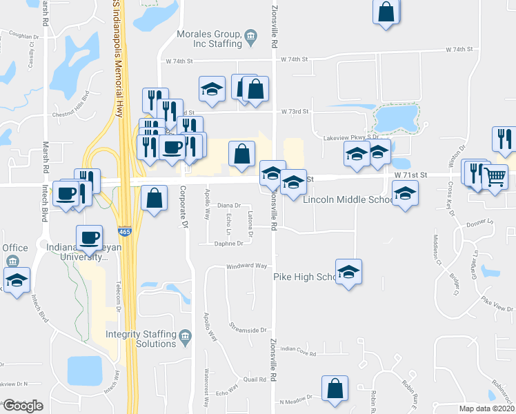 map of restaurants, bars, coffee shops, grocery stores, and more near 6941 Latona Drive in Indianapolis